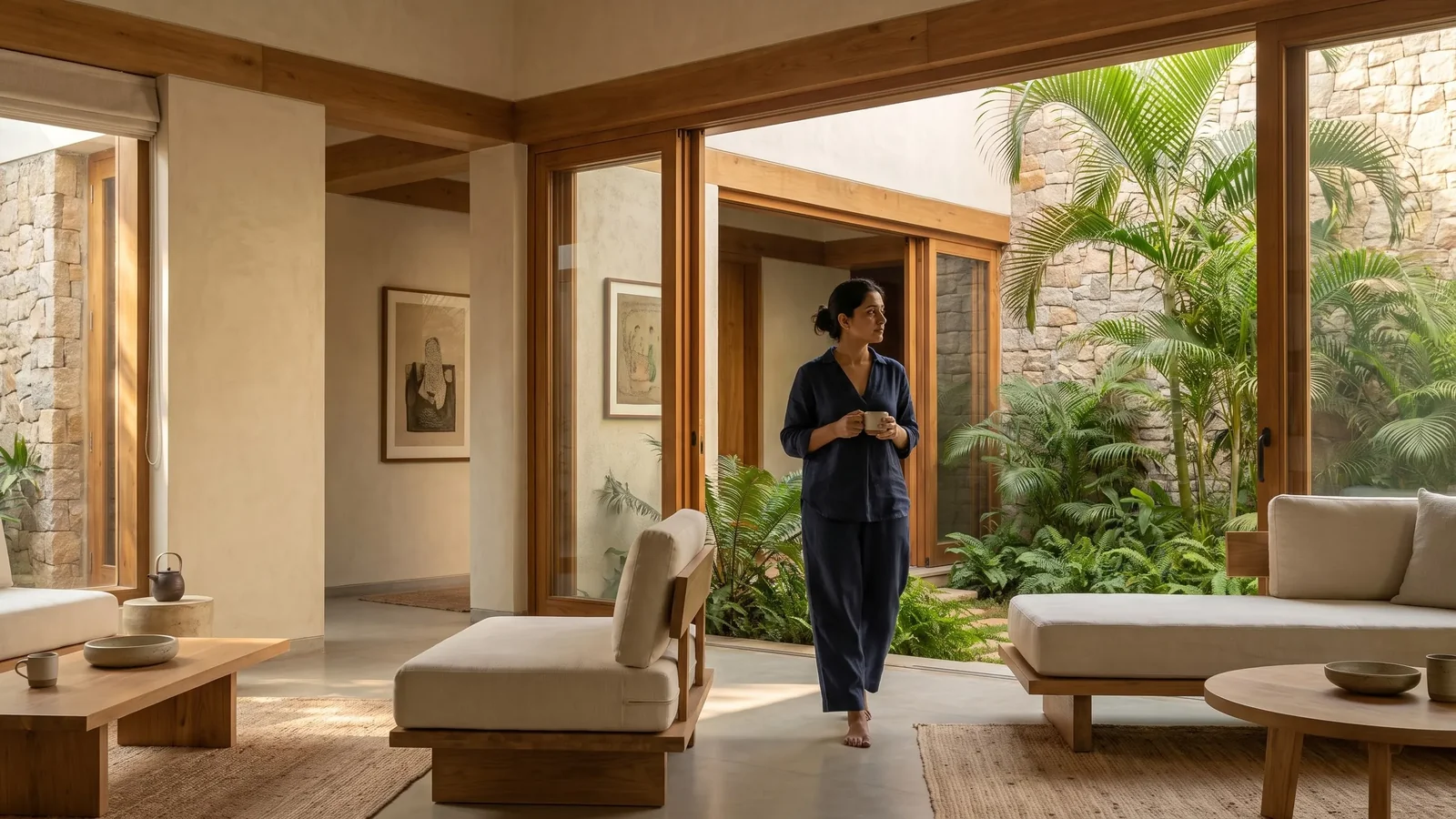 A quiet moment in a contemporary Indian courtyard home